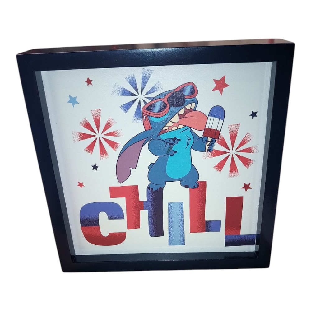 Disney Stitch Americana 4th of July Stitch USA Caption Box Wall Art NWT.